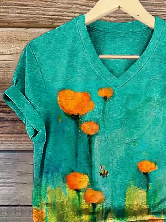 Women's Floral Print V-Neck Short Sleeve T-Shirt