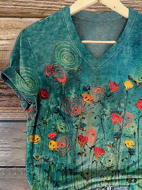 Women's Floral Print V-Neck Short Sleeve T-Shirt