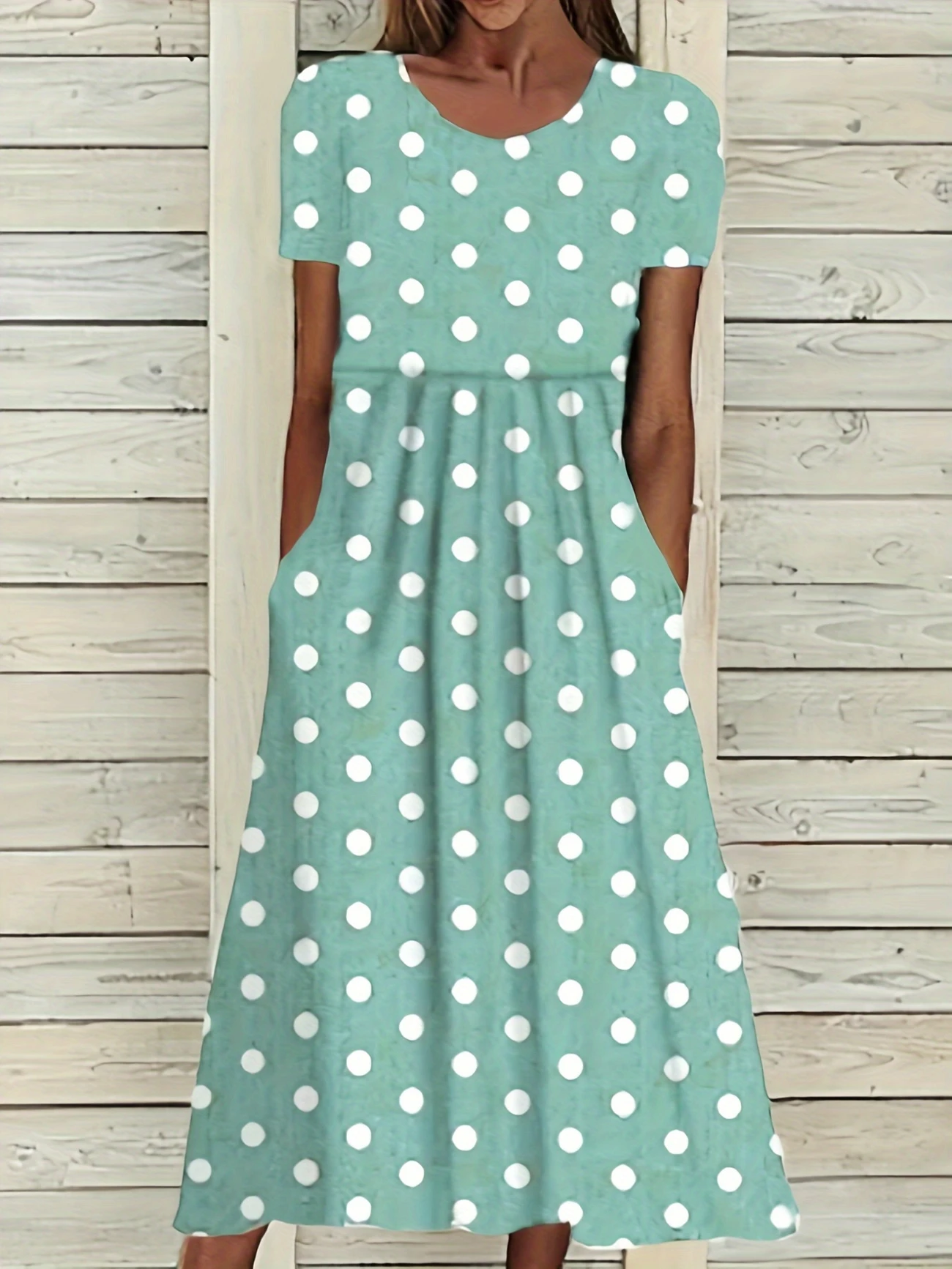 Women's Short Sleeve Summer Green Polka Dots Printing Crew Neck Daily Going Out Casual Maxi H-Line Shift Dress Dress
