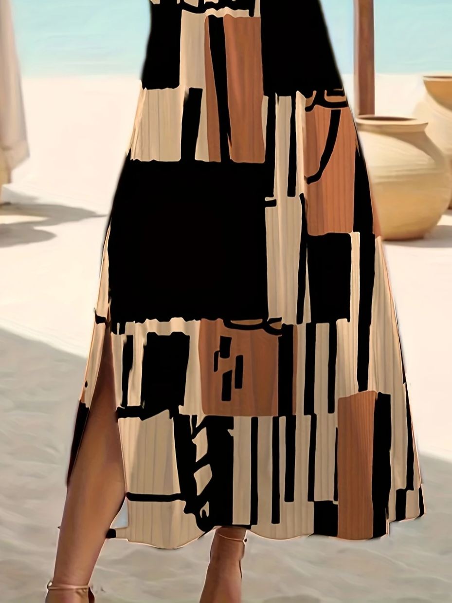 Women's Geometric Print Casual Round Neck Short Sleeve Slit Dress