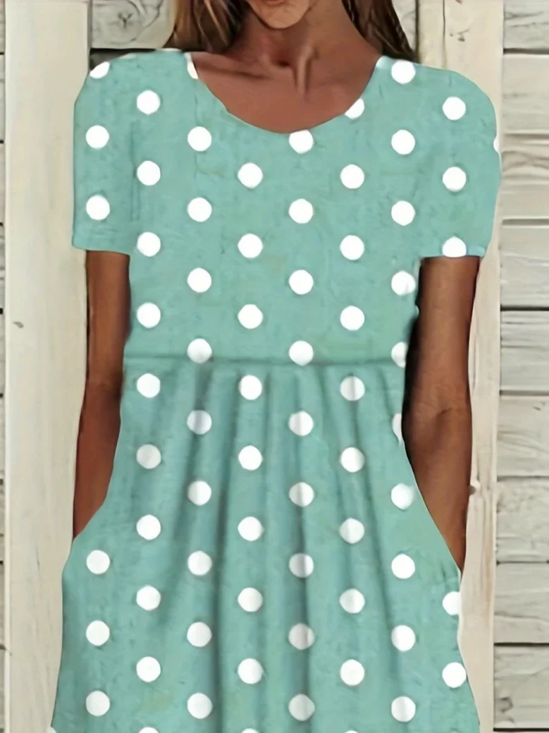 Women's Short Sleeve Summer Green Polka Dots Printing Crew Neck Daily Going Out Casual Maxi H-Line Shift Dress Dress