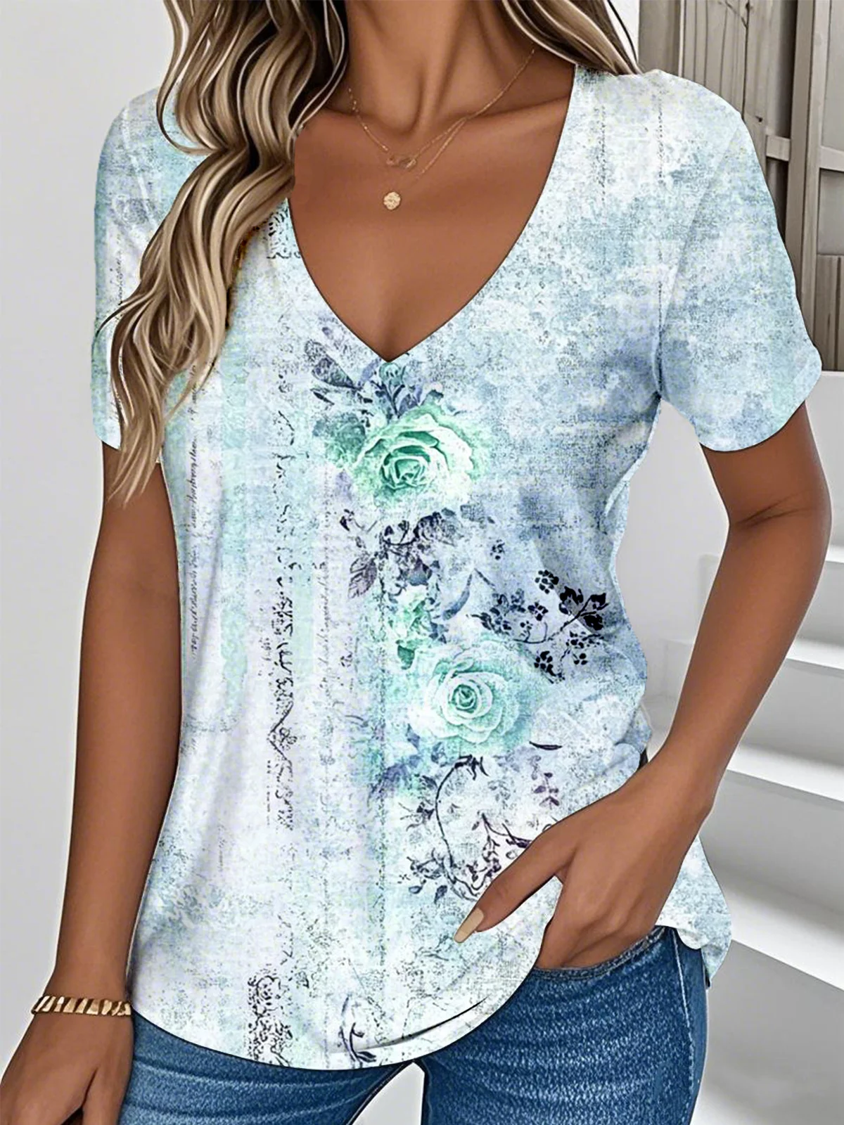 V Neck Floral Vintage Loose T-Shirt