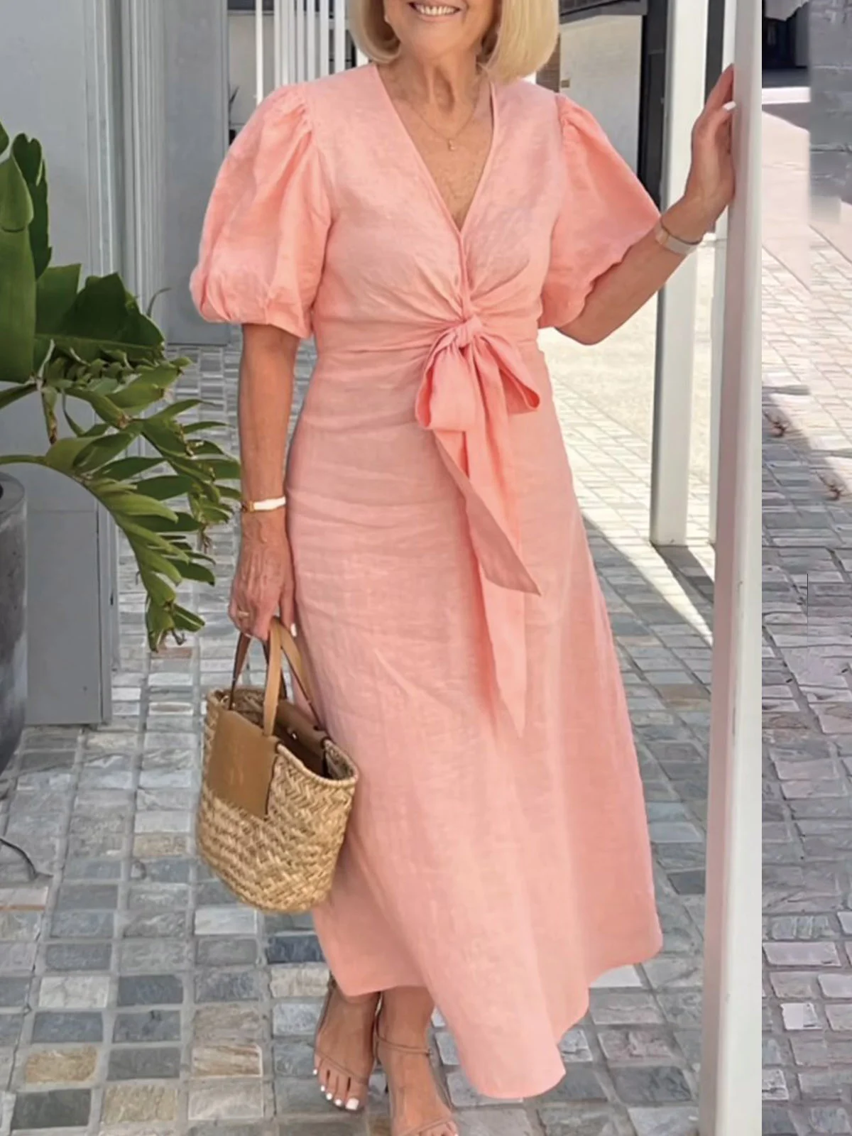 Casual Plain Lace-up V Neck Maxi Dress