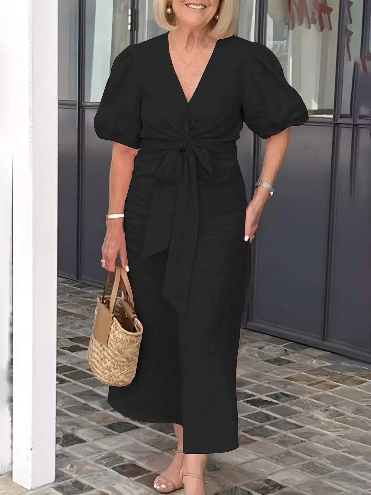 Casual Plain Lace-up V Neck Maxi Dress