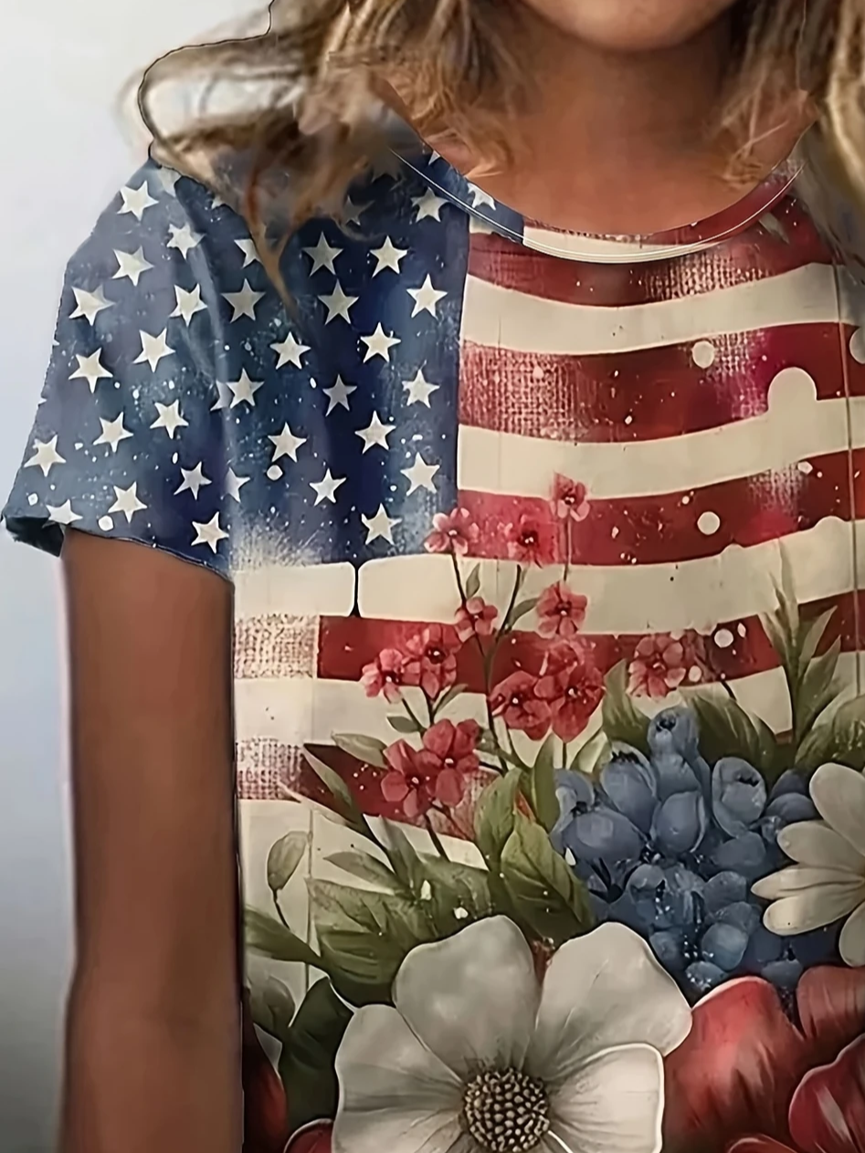 Women's Independence Day Floral Print Casual V-Neck Short Sleeve T-Shirt