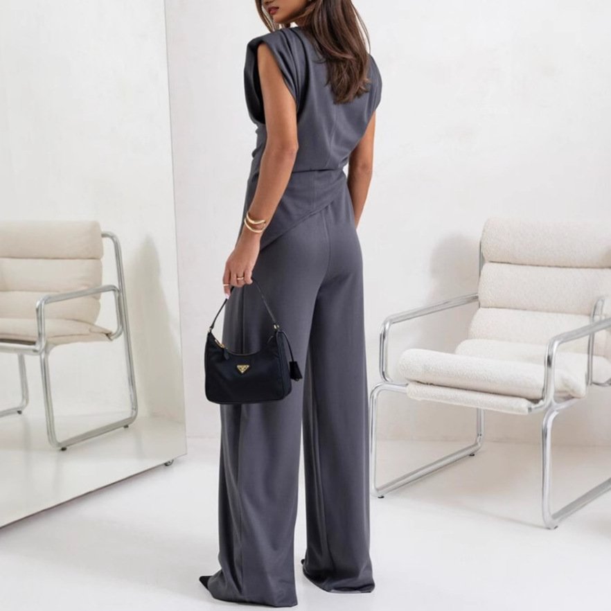 Women's Irregular Craftsmanship Plain Daily Going Out Two-Piece Set Khaki Casual Summer Top With Pants Matching Set
