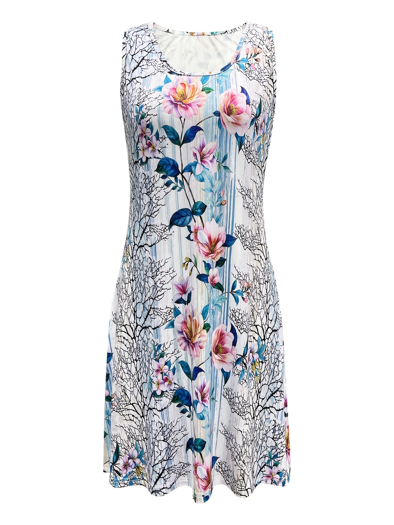 Regular Fit Floral Crew Neck Vintage Dress With No