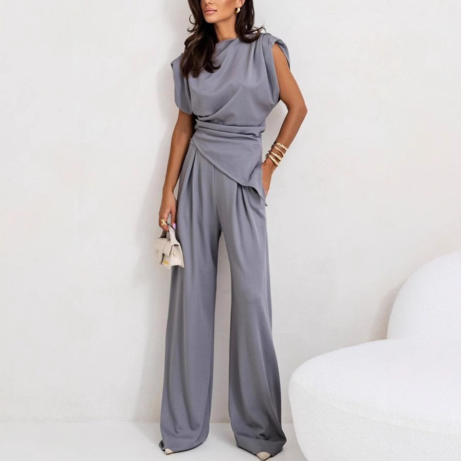 Women's Irregular Craftsmanship Plain Daily Going Out Two-Piece Set Khaki Casual Summer Top With Pants Matching Set