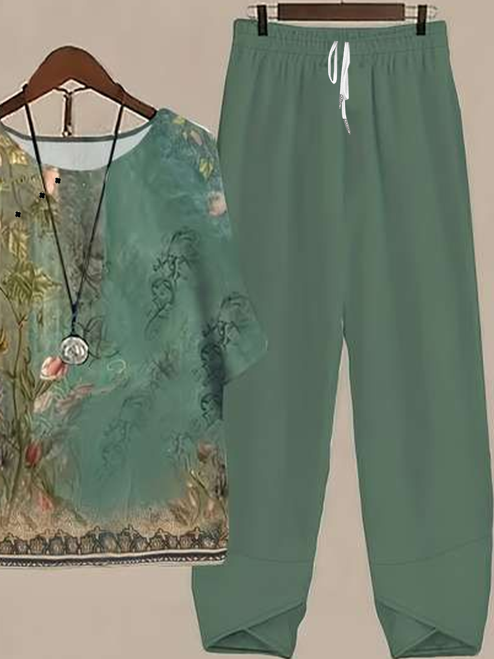Women's Printing Floral Daily Going Out Two-Piece Set Green Casual Summer Top With Pants Matching Set
