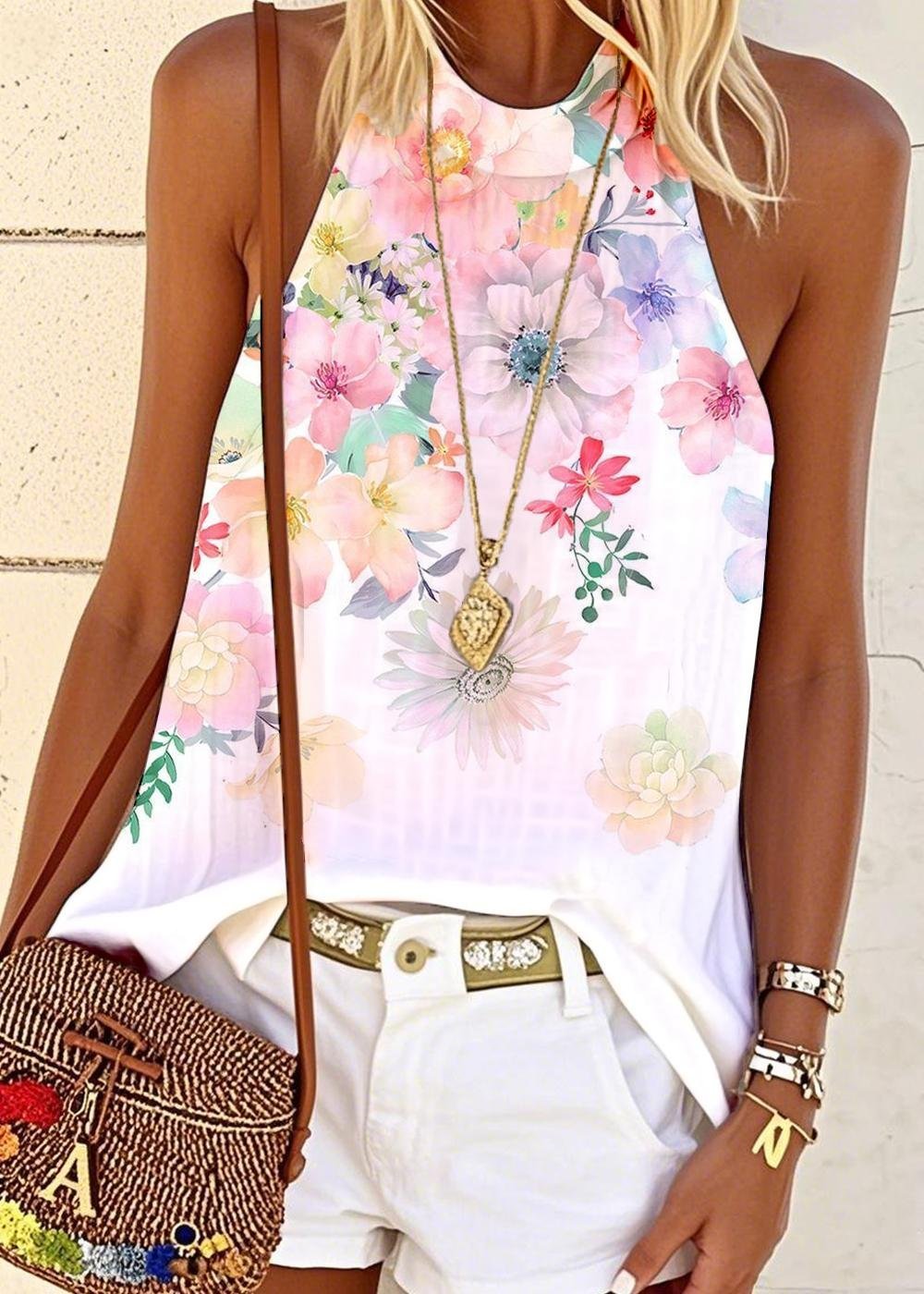 Halter Floral Regular Fit Casual T-Shirt