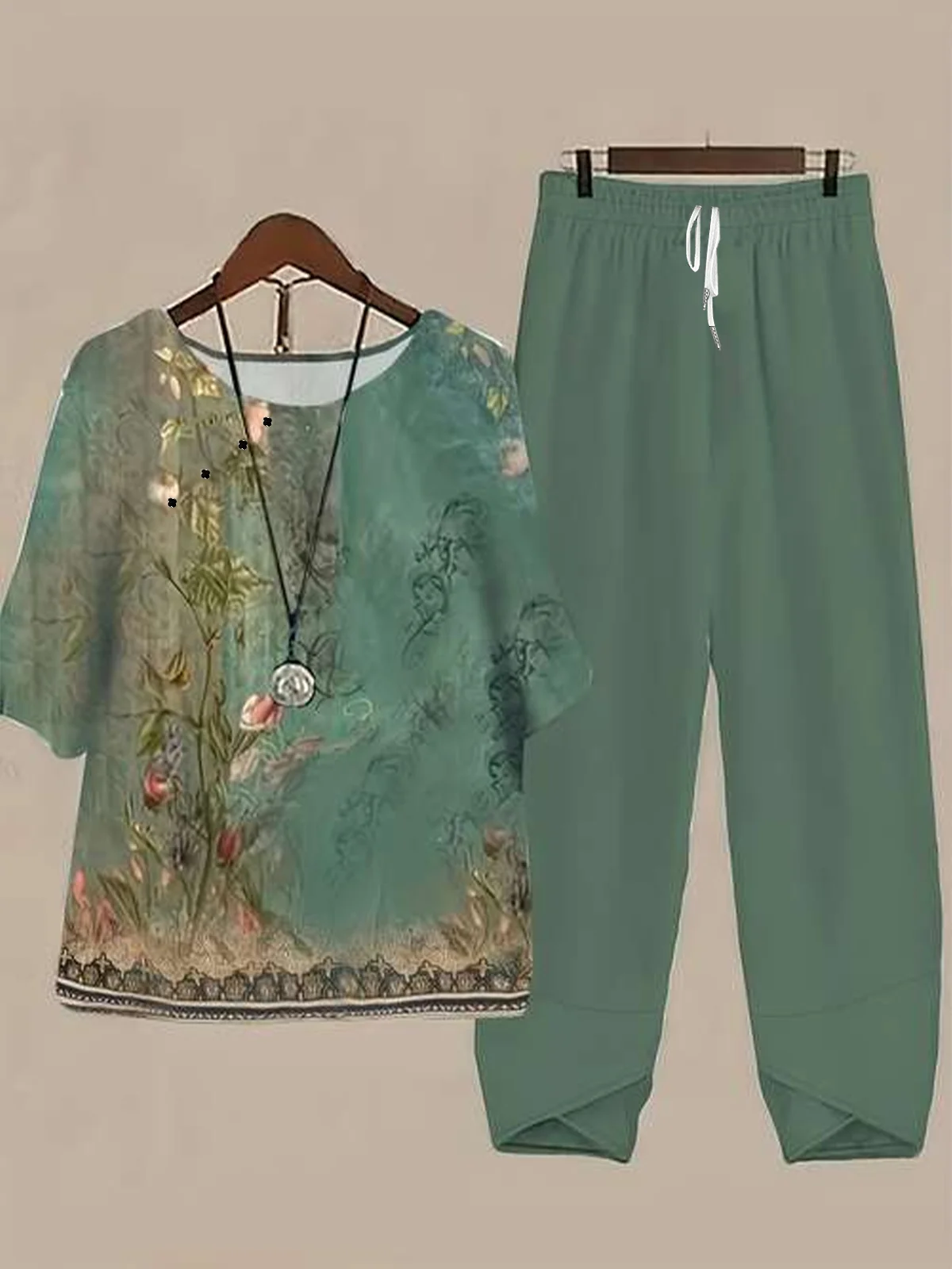 Women's Printing Floral Daily Going Out Two-Piece Set Green Casual Summer Top With Pants Matching Set