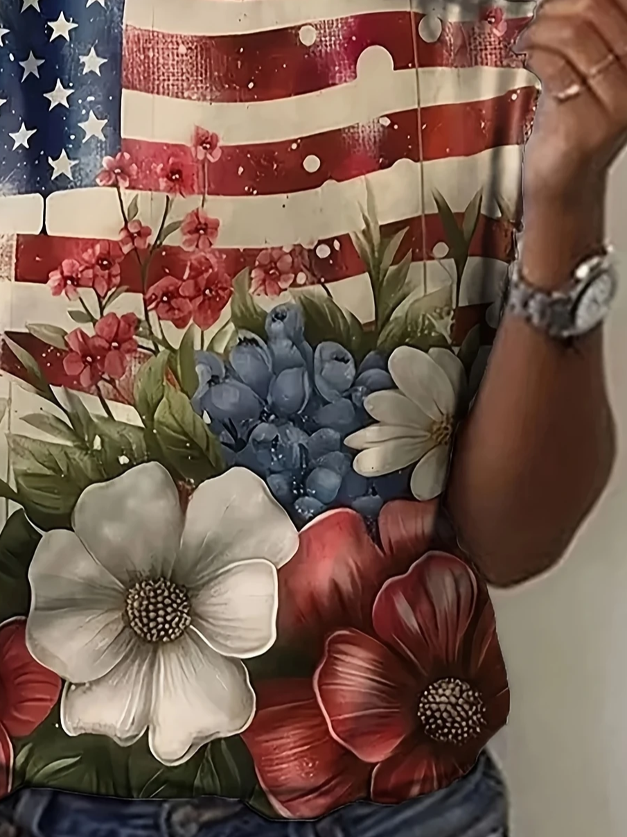 Women's Independence Day Floral Print Casual V-Neck Short Sleeve T-Shirt