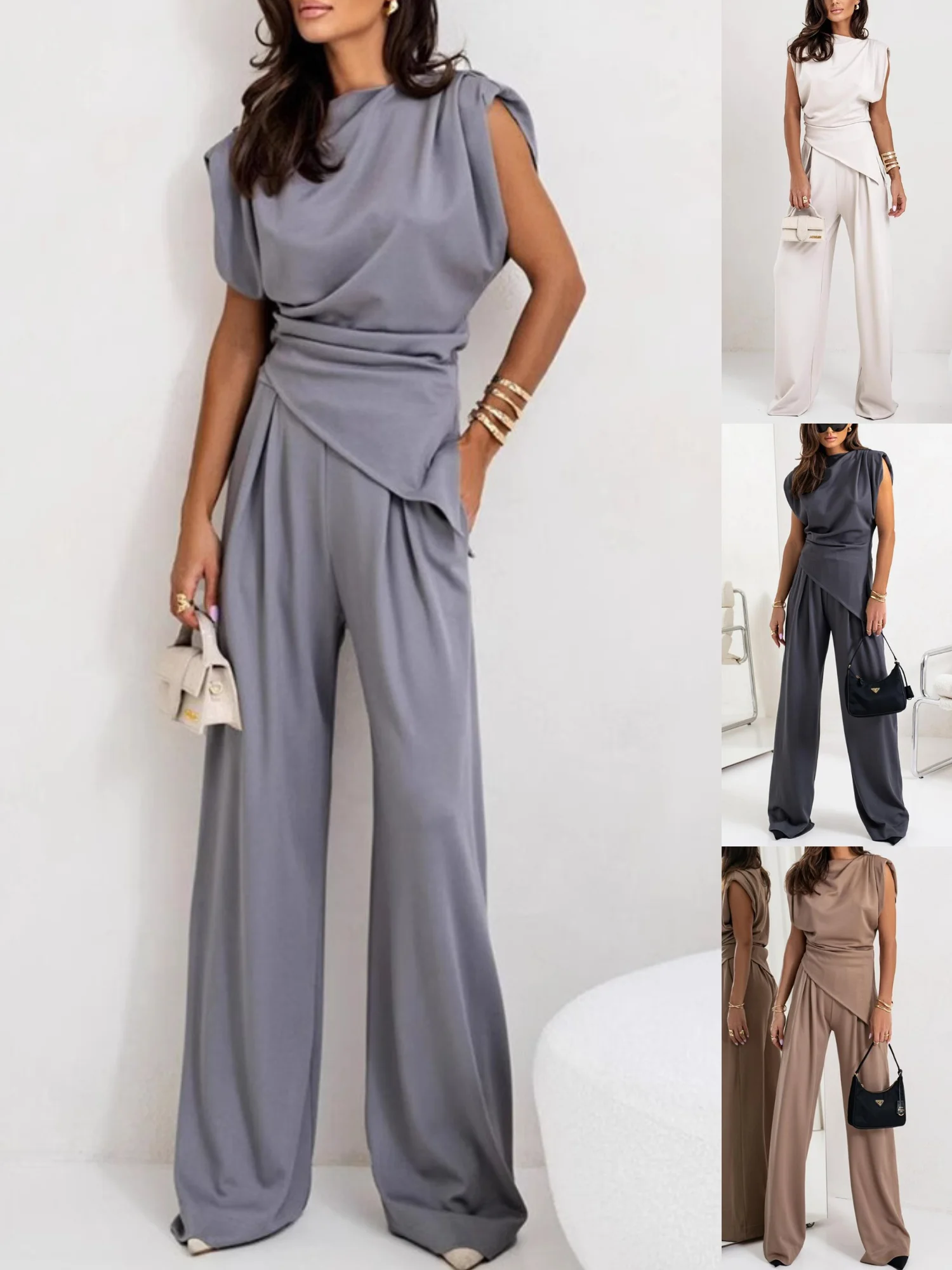 Women's Irregular Craftsmanship Plain Daily Going Out Two-Piece Set Khaki Casual Summer Top With Pants Matching Set