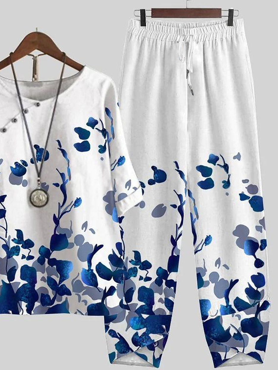 Women's Printing Floral Daily Going Out Two-Piece Set White Casual Summer Top With Pants Matching Set