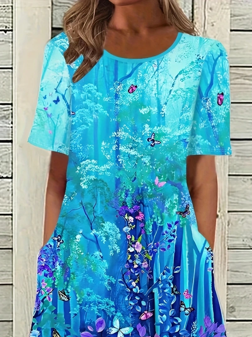 Women's Floral Butterfly Print Casual Crew Neck Dress