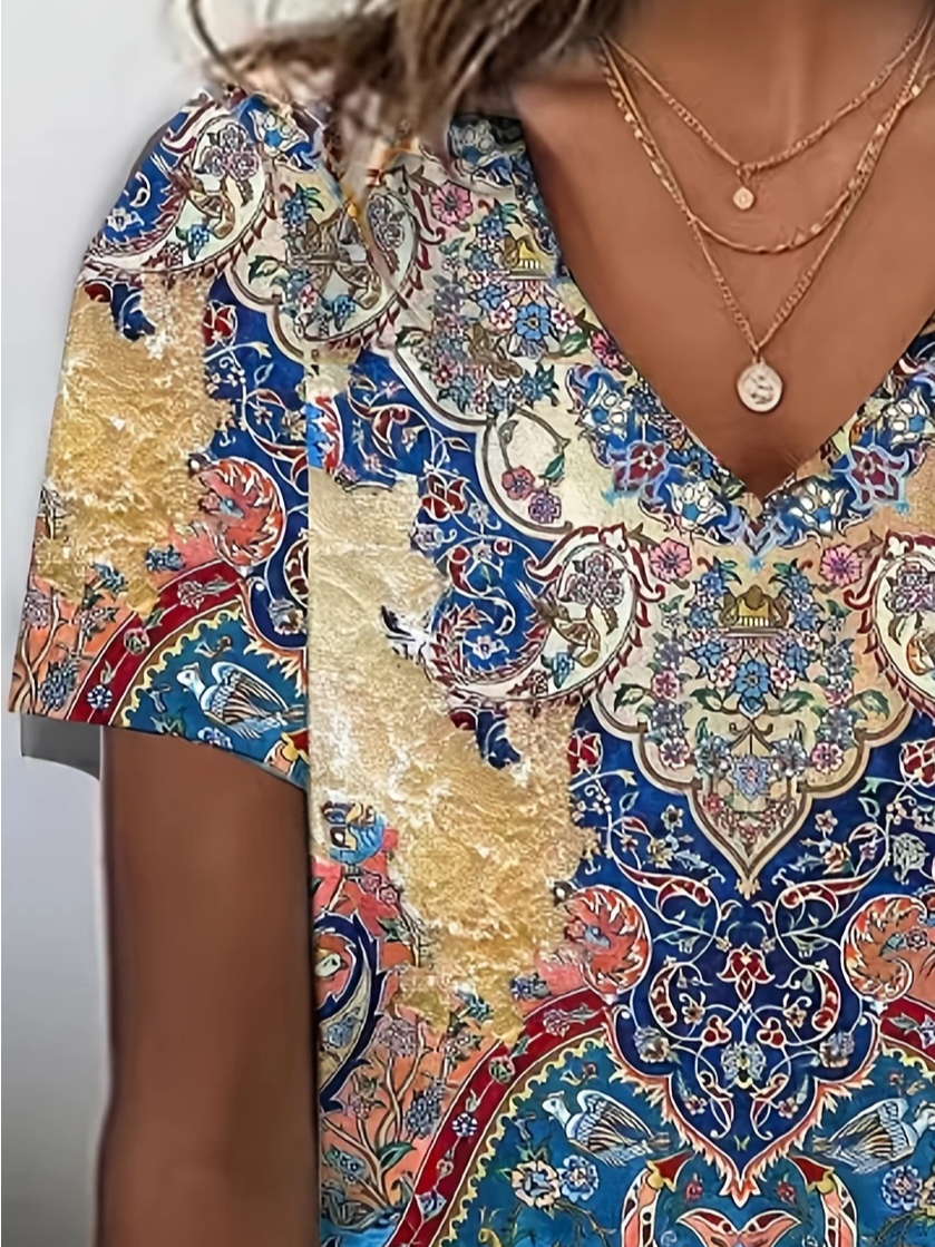 Women's Floral Print Casual V-Neck Short Sleeve T-Shirt