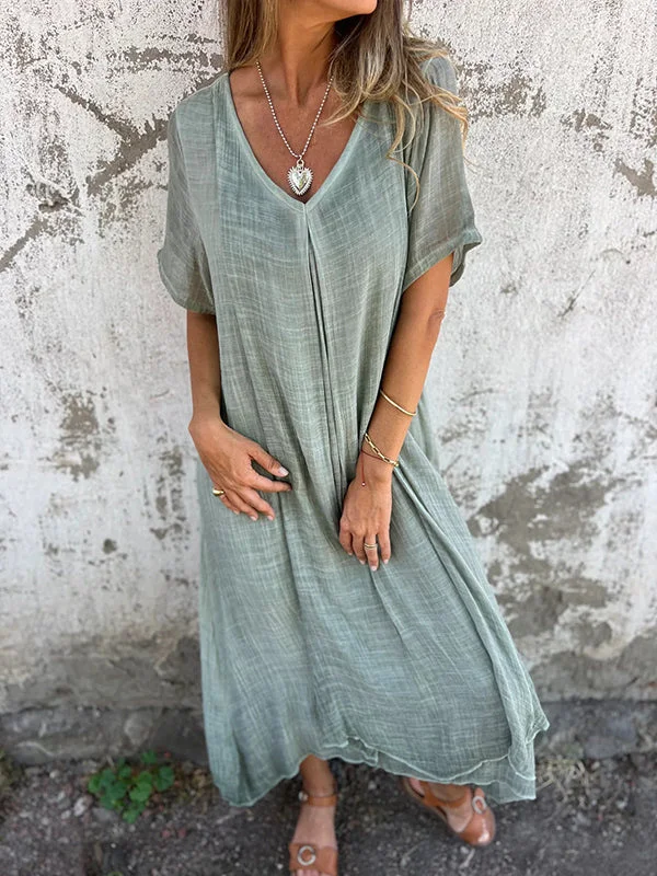 Women's Short Sleeve Summer Pink Plain Split Joint V Neck Daily Going Out Vintage Maxi A-Line Tank Dress