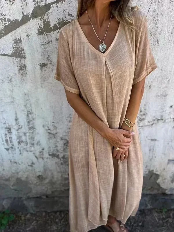 Women's Short Sleeve Summer Pink Plain Split Joint V Neck Daily Going Out Vintage Maxi A-Line Tank Dress