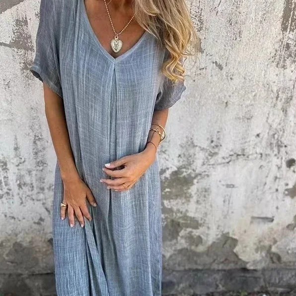 Women's Short Sleeve Summer Pink Plain Split Joint V Neck Daily Going Out Vintage Maxi A-Line Tank Dress