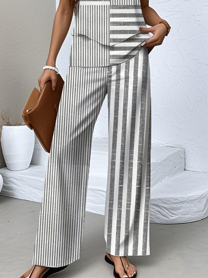 Casual Regular Fit Crew Neck Striped Two-Piece Set With No
