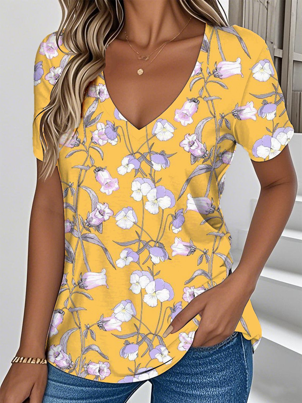 V Neck Casual Botanical Pattern Jersey T-Shirt