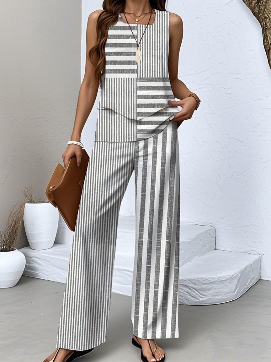 Casual Regular Fit Crew Neck Striped Two-Piece Set With No
