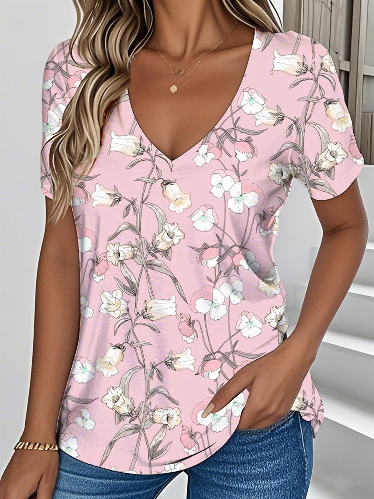 V Neck Casual Botanical Pattern Jersey T-Shirt