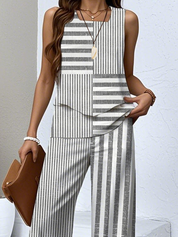 Casual Regular Fit Crew Neck Striped Two-Piece Set With No