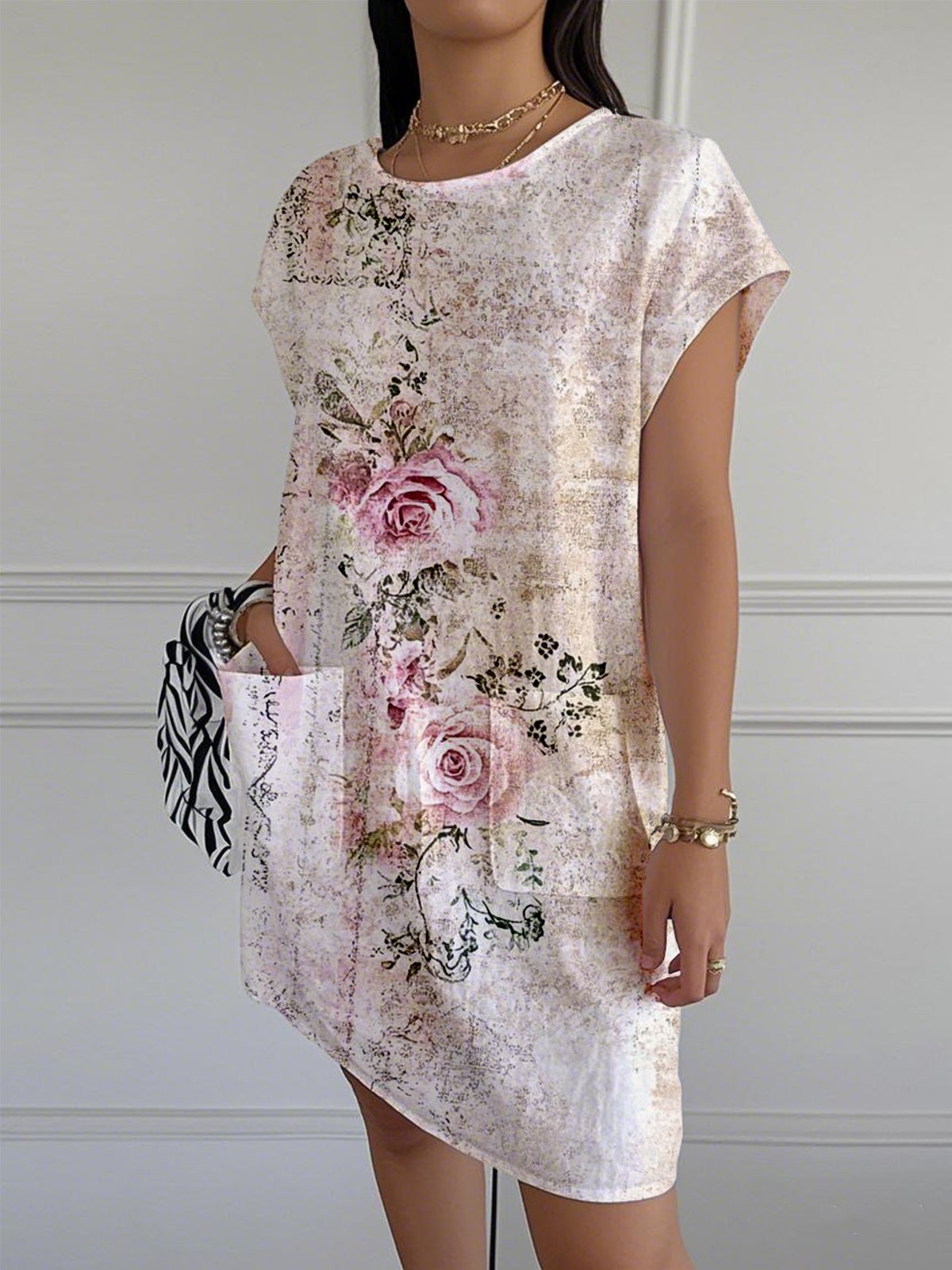 Floral Vintage Crew Neck Loose Dress With No