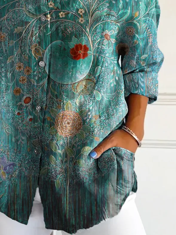 Women's Long Sleeve Shirt Spring/Fall Green Floral Buckle Shirt Collar Daily Going Out Casual Top