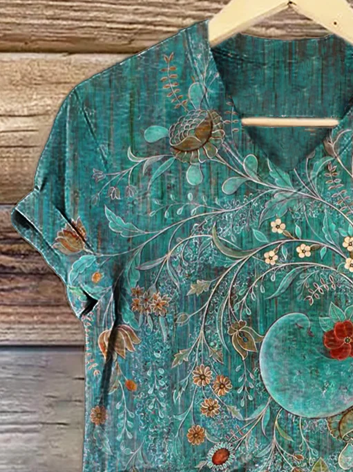 Women's Floral Print Casual V-Neck Short Sleeve T-Shirt