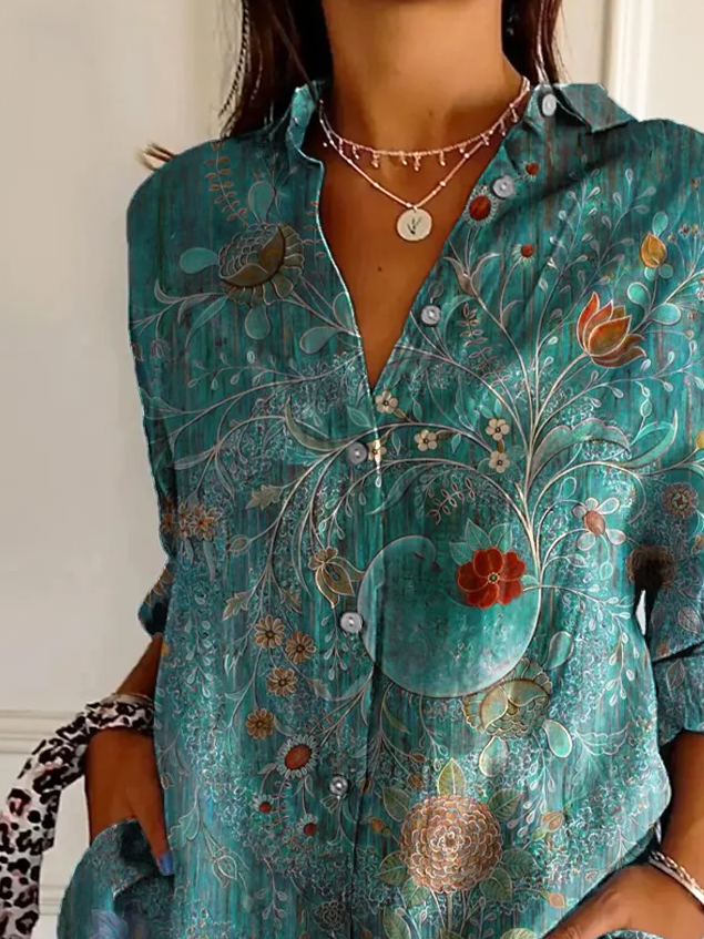 Women's Long Sleeve Shirt Spring/Fall Green Floral Buckle Shirt Collar Daily Going Out Casual Top
