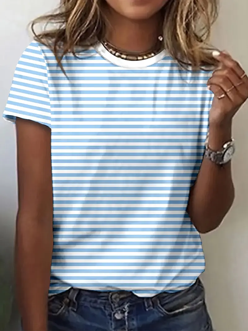 Women's Striped Printed Casual Round Neck Short Sleeve T-Shirt