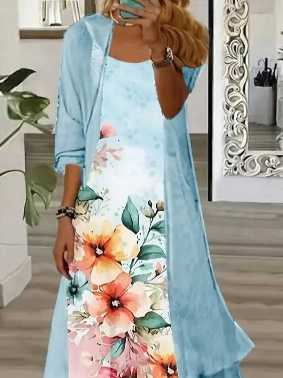 Women's Floral Print Casual Two-Piece Dress