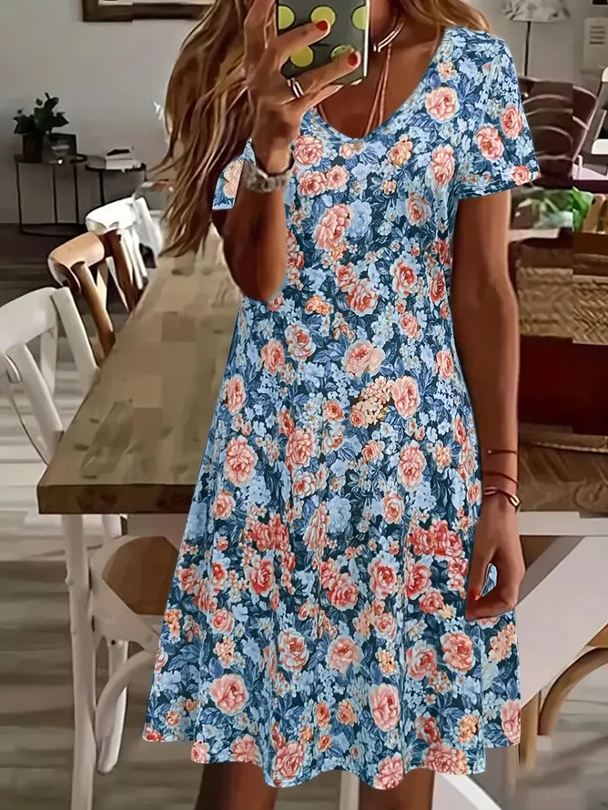 Women's Floral Print Casual V-Neck Short Sleeve Dress