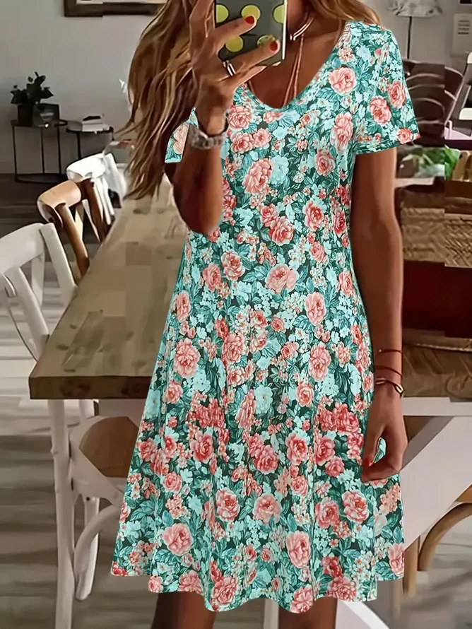 Women's Floral Print Casual V-Neck Short Sleeve Dress