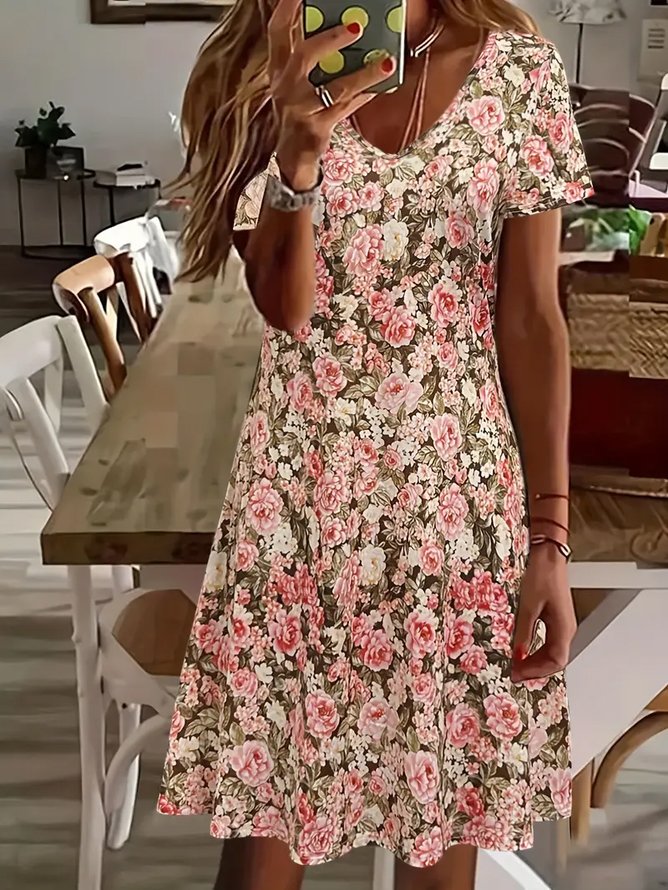 Women's Floral Print Casual V-Neck Short Sleeve Dress
