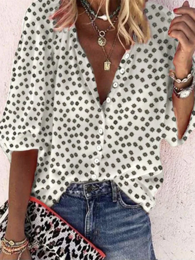 Vintage Ditsy Floral Mock Neck Loose Shirt
