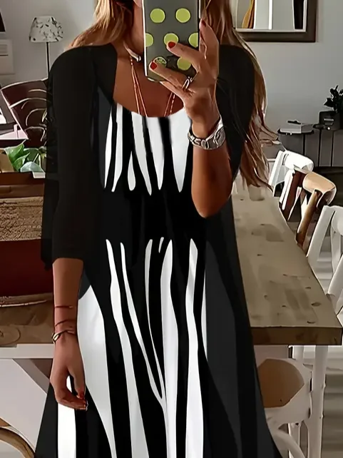 Women's Abstract Stripe Print Casual Two-Piece Dress