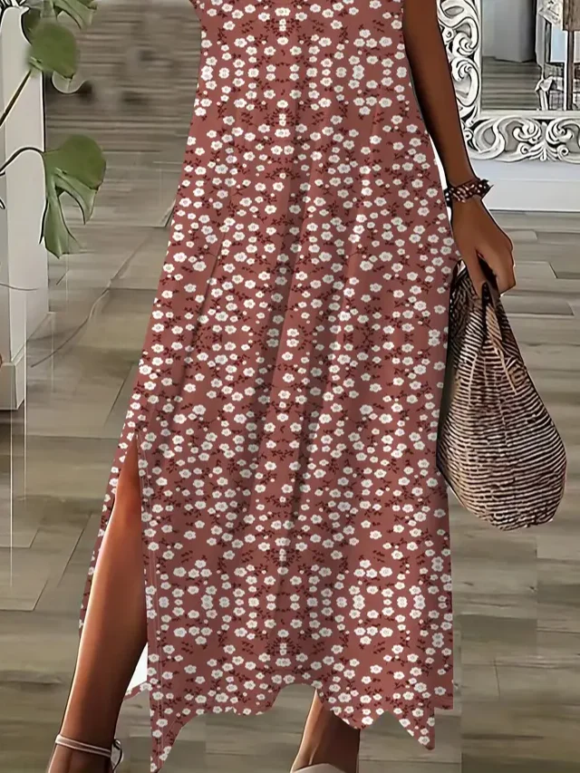 Women's Floral Print V-Neck Short Sleeve Slit Dress
