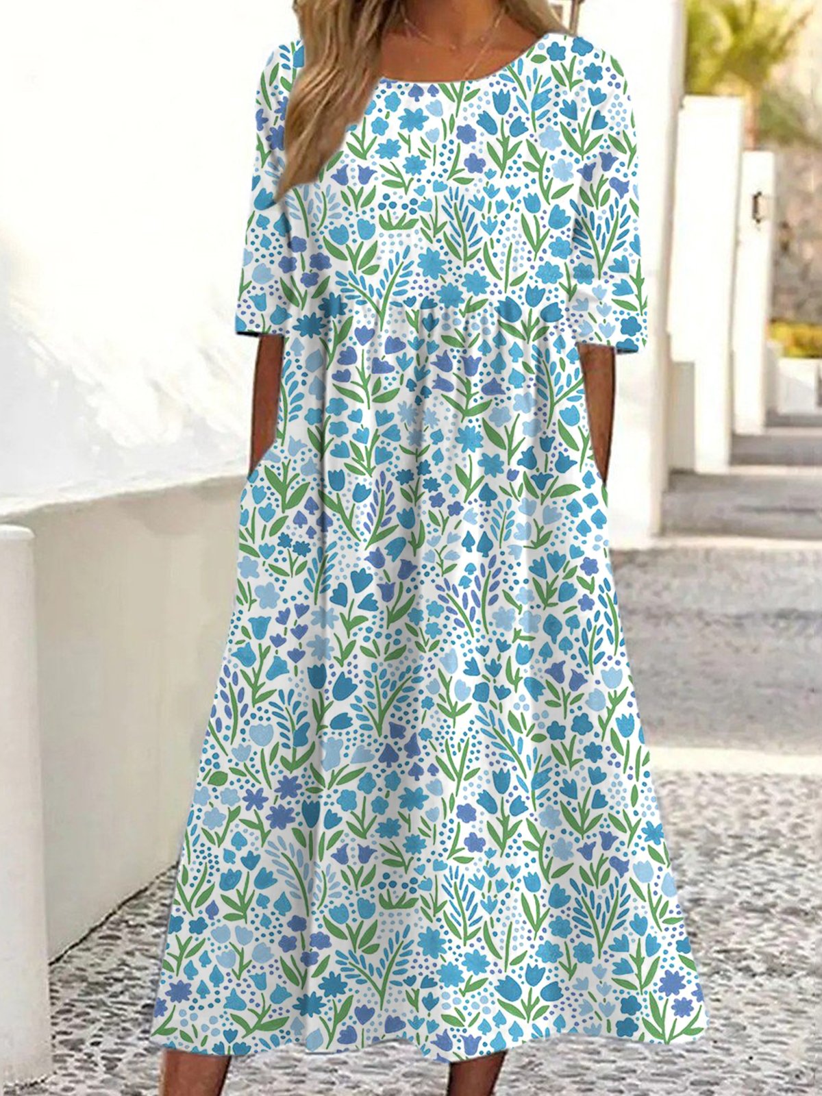 Casual Loose Floral Crew Neck Dress With No