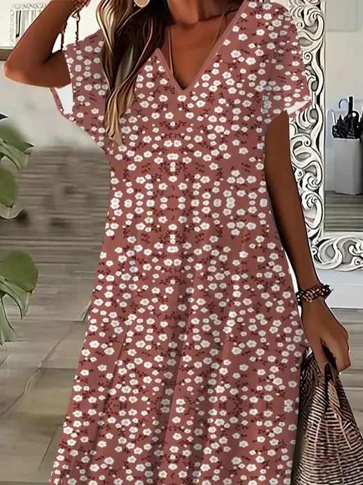 Women's Floral Print V-Neck Short Sleeve Slit Dress