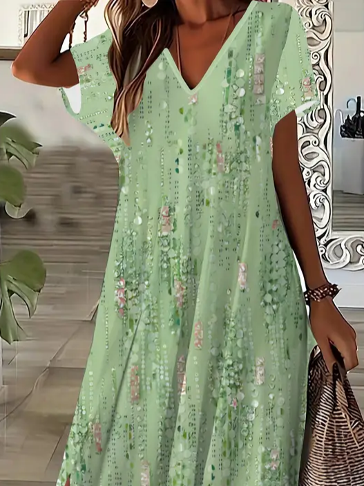 Women's Abstract Print V-Neck Short Sleeve Slit Dress