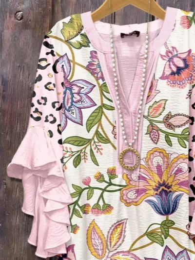 Women's Floral Leopard Print Ruffle Sleeve Top