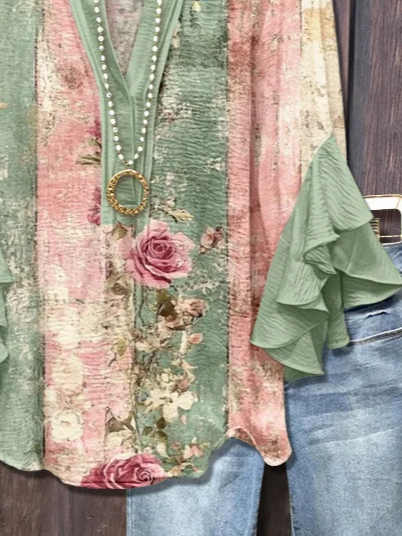 Women's Floral Leopard Print Ruffle Sleeve Top