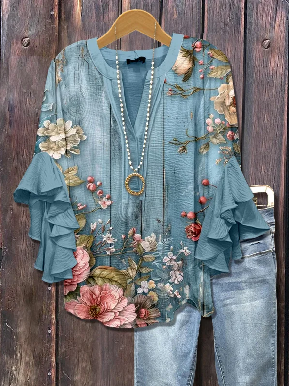 Women's Floral Ruffle Sleeve Top