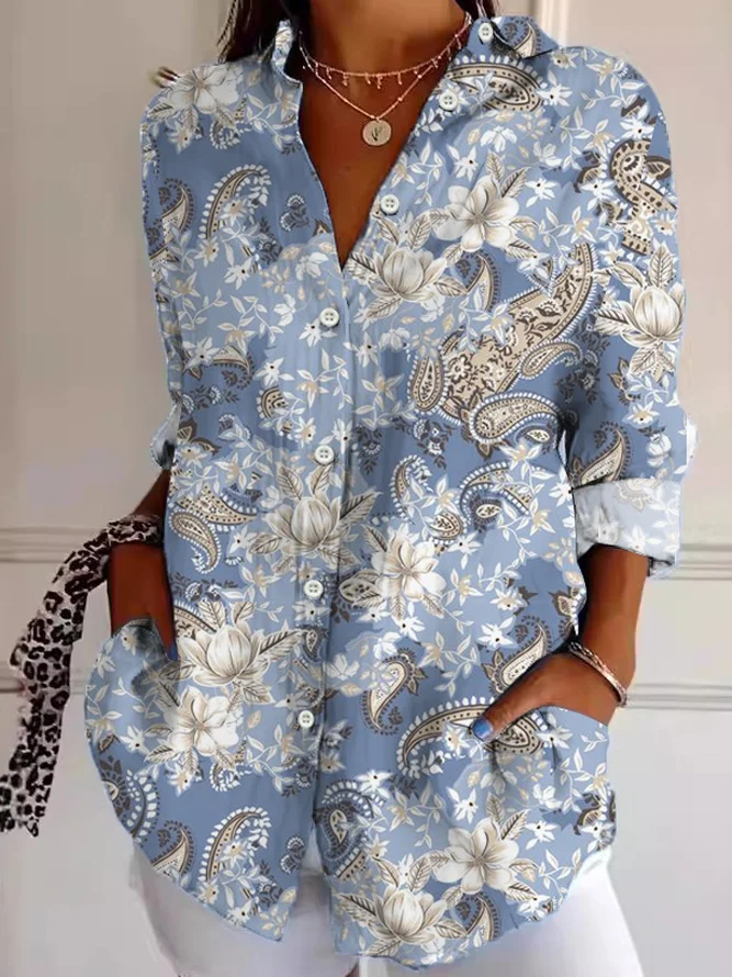 Loose Shirt Collar Cashew Flowers Casual Shirt