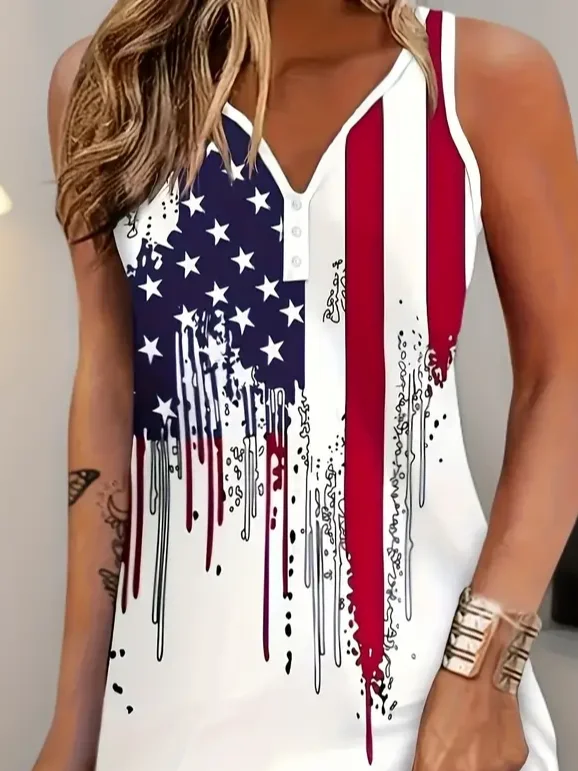 Women's Independence Day Printed Casual V-Neck Dress