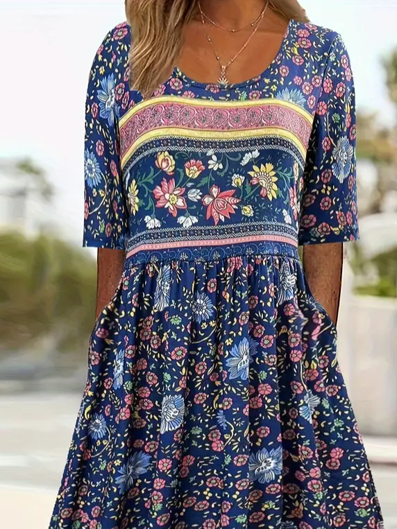 Women's Floral Print Casual Crew Neck Dress