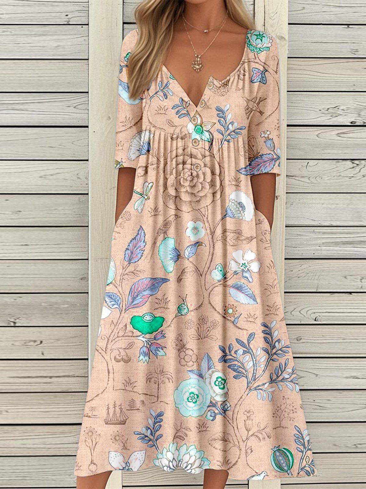 Loose Floral Vintage Dress With No